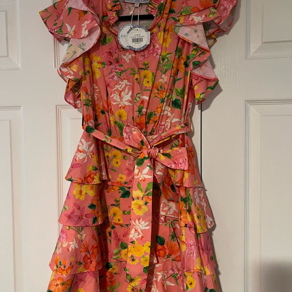 Just Bellina Pink Floral Ruffle Tie-Waist Mini Dress